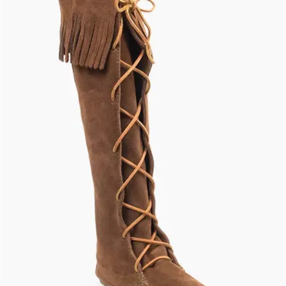 Minnetonka Suede Front Lace Up Knee High Fringe Moccasin Boots SZ 6